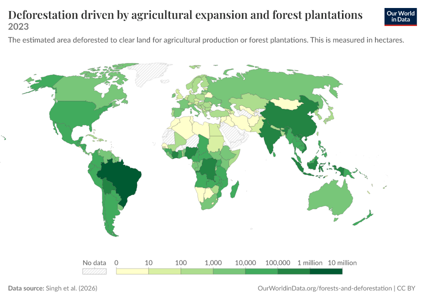 Deforestation driven by agricultural expansion and forest plantations
